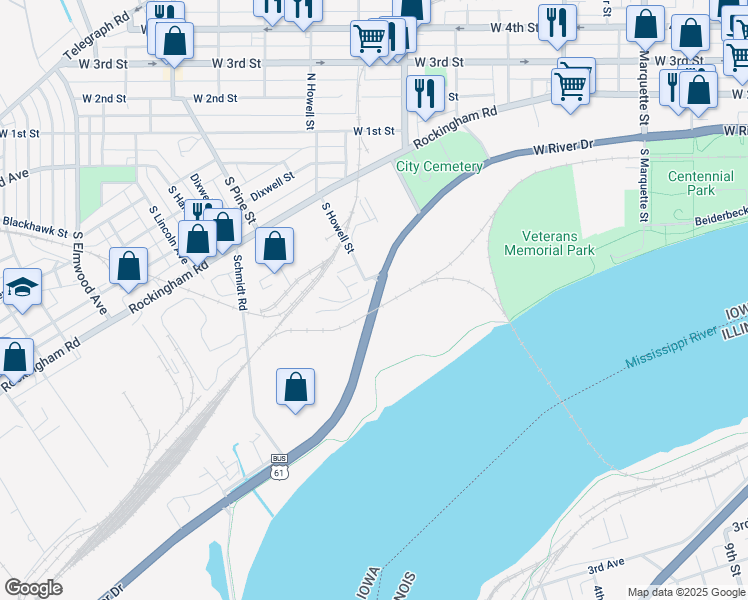 map of restaurants, bars, coffee shops, grocery stores, and more near 1920 West River Drive in Davenport