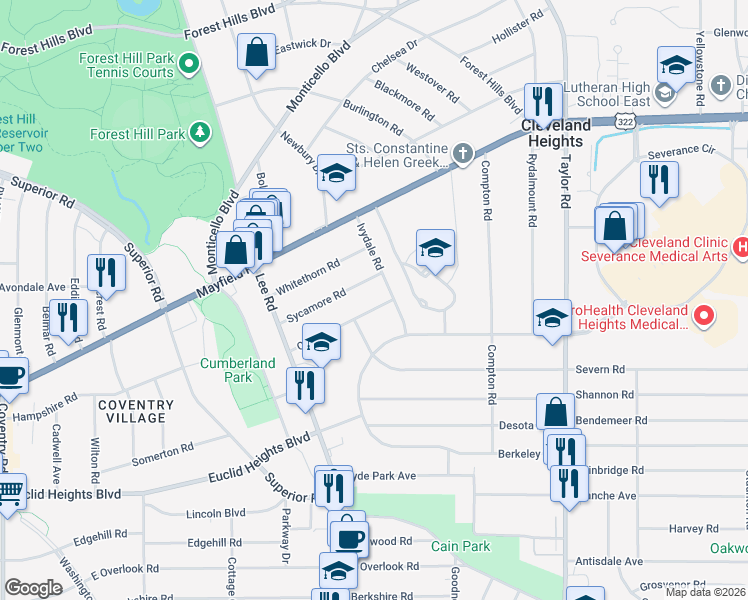 map of restaurants, bars, coffee shops, grocery stores, and more near 3228 Oak Road in Cleveland Heights