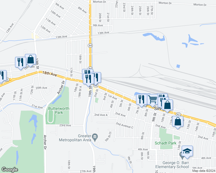 map of restaurants, bars, coffee shops, grocery stores, and more near 1 3rd Street in Silvis