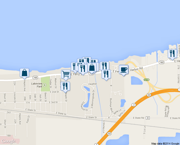 map of restaurants, bars, coffee shops, grocery stores, and more near 1723 East Perry Street in Port Clinton