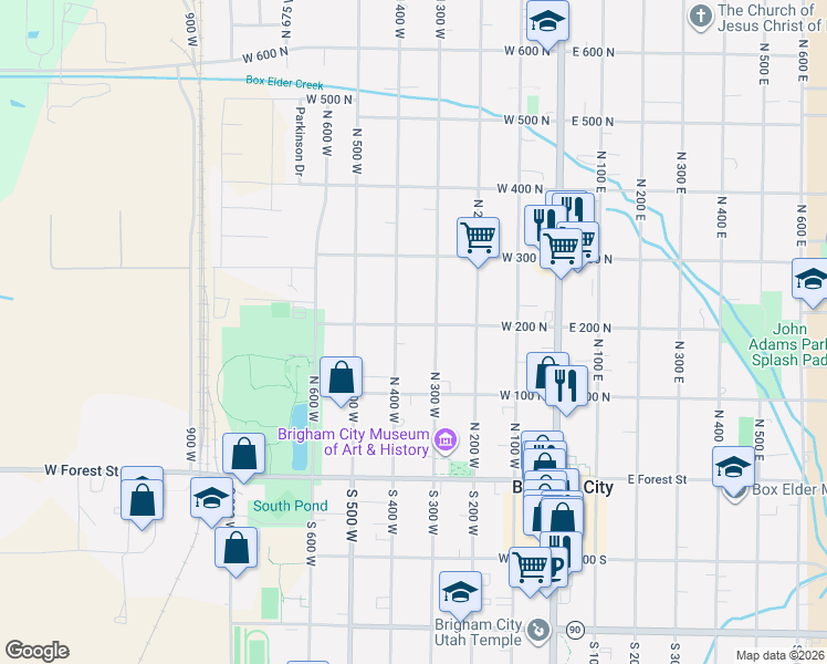 map of restaurants, bars, coffee shops, grocery stores, and more near 150 North 400 West in Brigham City