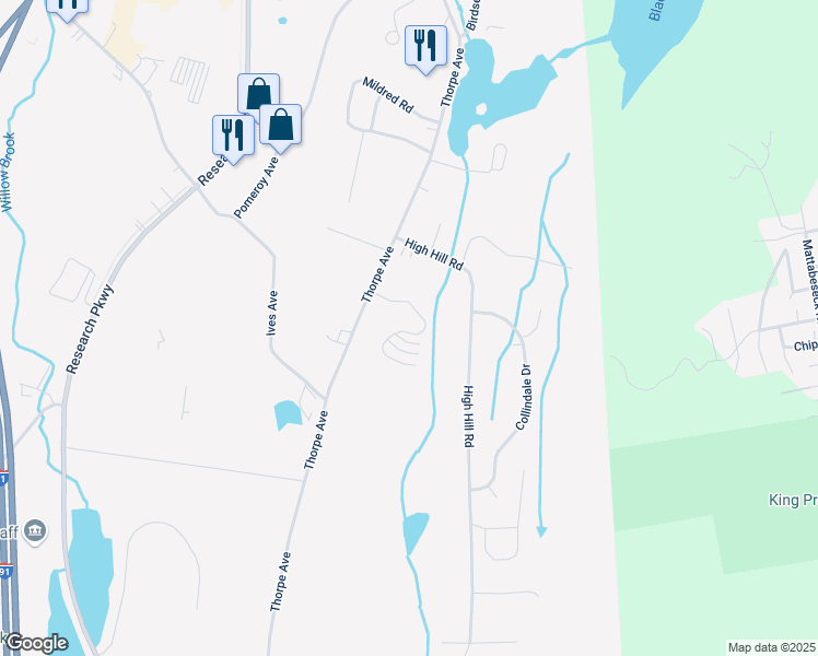 map of restaurants, bars, coffee shops, grocery stores, and more near 292 Thorpe Avenue in Meriden