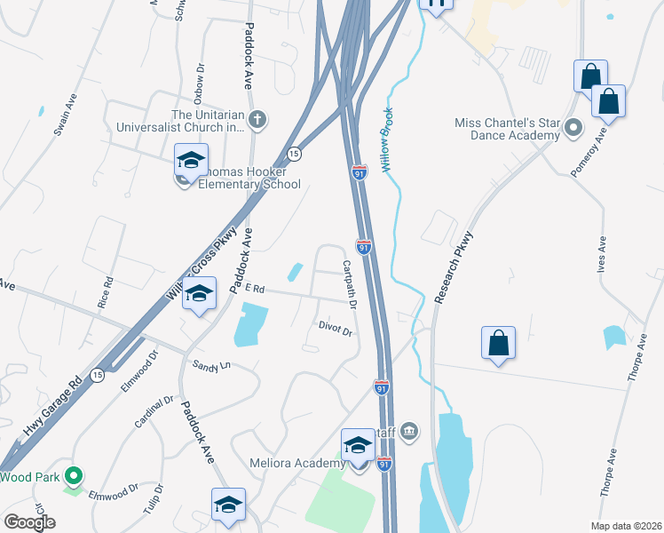 map of restaurants, bars, coffee shops, grocery stores, and more near 108 East Road in Meriden