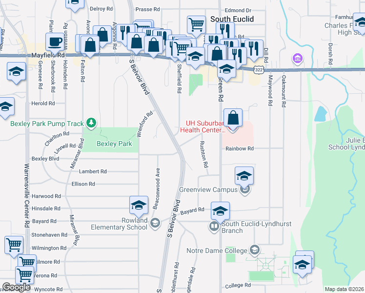 map of restaurants, bars, coffee shops, grocery stores, and more near 1688 South Belvoir Boulevard in South Euclid