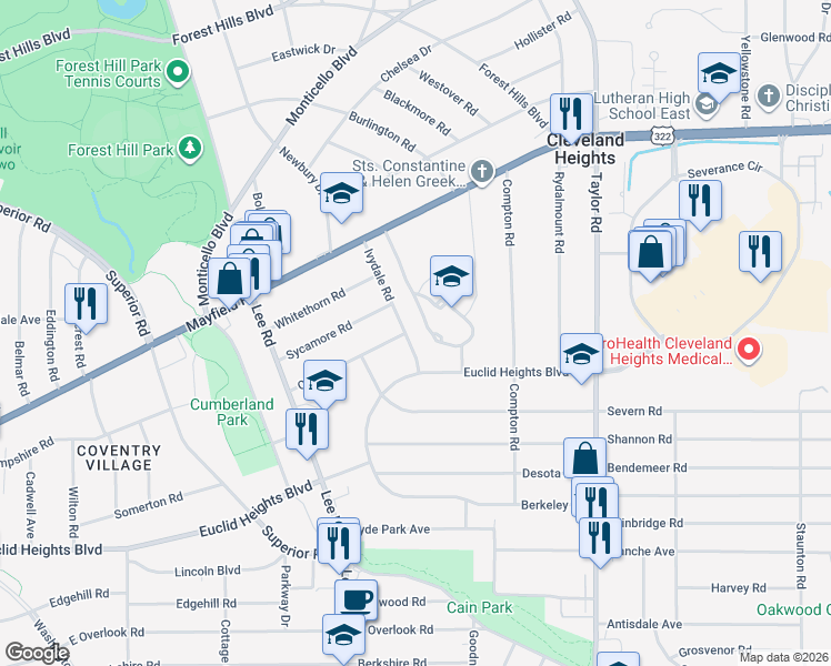 map of restaurants, bars, coffee shops, grocery stores, and more near 3281 Euclid Heights Boulevard in Cleveland Heights