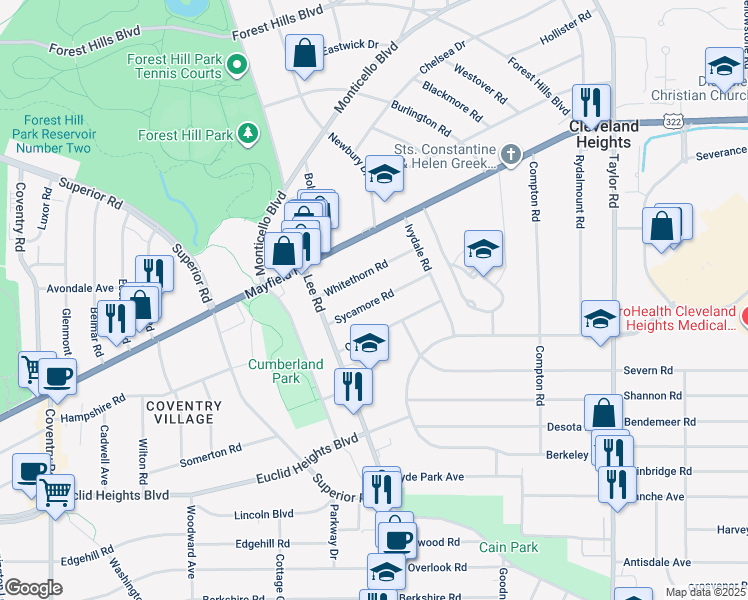 map of restaurants, bars, coffee shops, grocery stores, and more near 3197 Oak Road in Cleveland Heights
