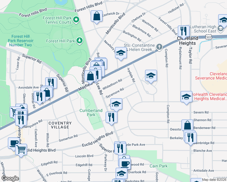 map of restaurants, bars, coffee shops, grocery stores, and more near 3146 Sycamore Road in Cleveland Heights