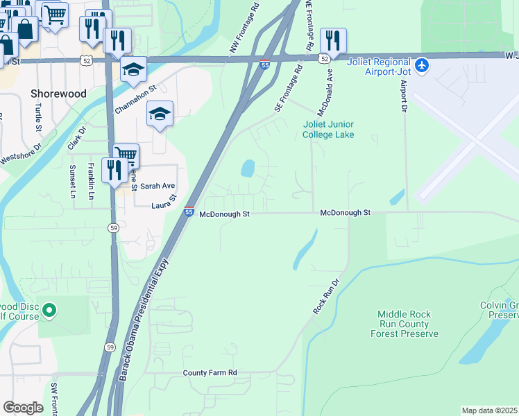 map of restaurants, bars, coffee shops, grocery stores, and more near 4334 Timber Ridge Court in Joliet