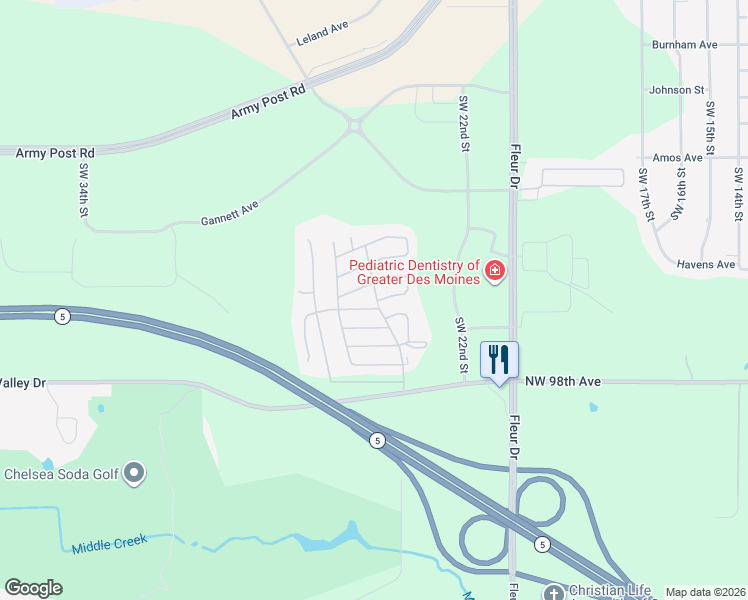 map of restaurants, bars, coffee shops, grocery stores, and more near Fairlawn in Des Moines