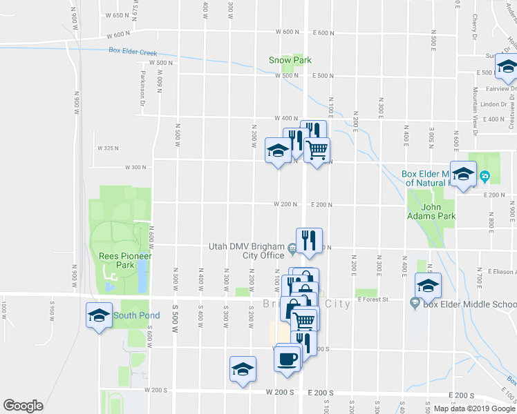 map of restaurants, bars, coffee shops, grocery stores, and more near 178 North 200 West in Brigham City