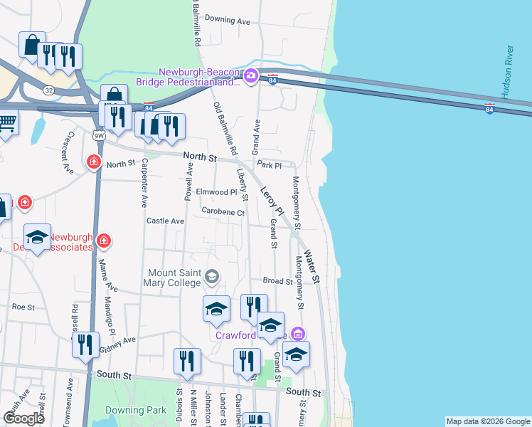 map of restaurants, bars, coffee shops, grocery stores, and more near 81 Nicoll Street in Newburgh