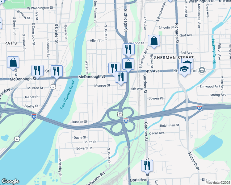 map of restaurants, bars, coffee shops, grocery stores, and more near 463 South Ottawa Street in Joliet