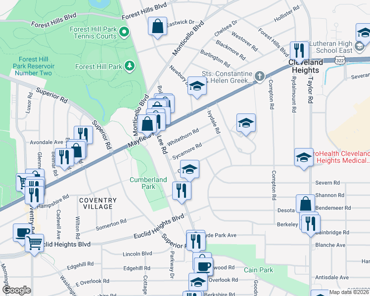 map of restaurants, bars, coffee shops, grocery stores, and more near 3146 Sycamore Road in Cleveland Heights