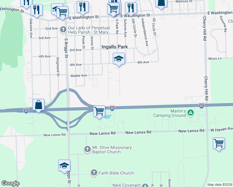 map of restaurants, bars, coffee shops, grocery stores, and more near 440 Ray May Drive in Joliet
