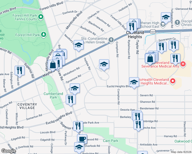 map of restaurants, bars, coffee shops, grocery stores, and more near 1619 Ivydale Road in Cleveland Heights