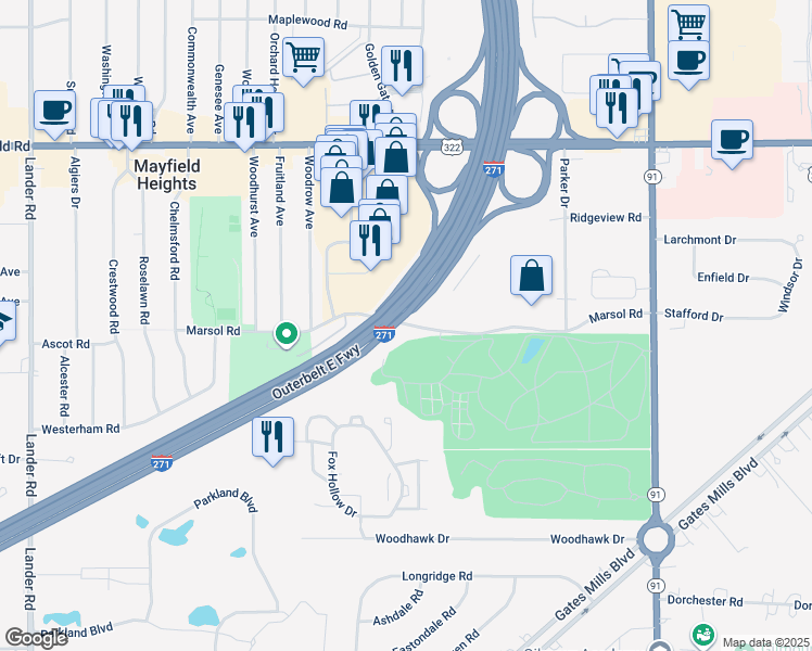 map of restaurants, bars, coffee shops, grocery stores, and more near 6328 Marsol Road in Mayfield Heights