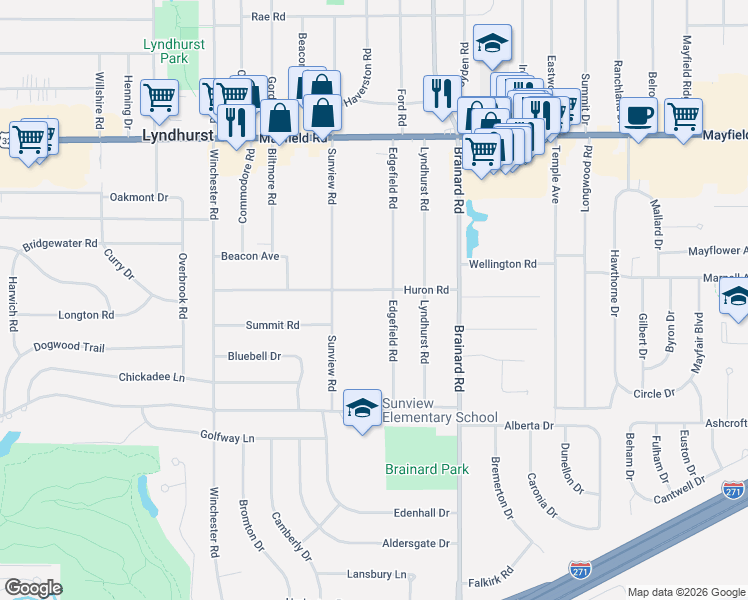 map of restaurants, bars, coffee shops, grocery stores, and more near 1632 Edgefield Road in Lyndhurst