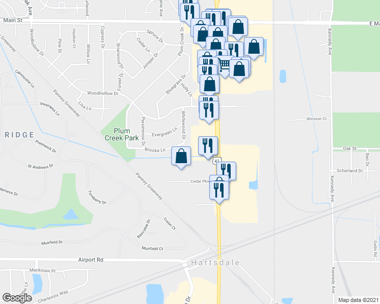 map of restaurants, bars, coffee shops, grocery stores, and more near 411 Whitewood Drive in Schererville