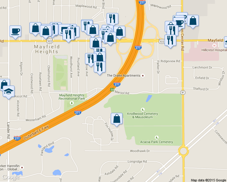map of restaurants, bars, coffee shops, grocery stores, and more near Marsol Road in Mayfield Heights
