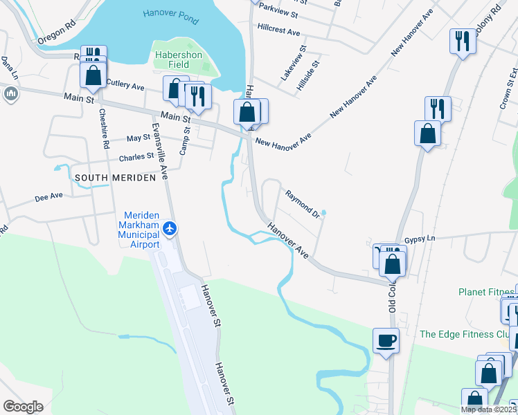 map of restaurants, bars, coffee shops, grocery stores, and more near 1152 Hanover Avenue in Meriden