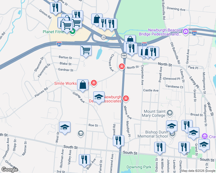 map of restaurants, bars, coffee shops, grocery stores, and more near 24 South Robinson Avenue in Newburgh