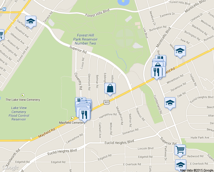 map of restaurants, bars, coffee shops, grocery stores, and more near 1612 Hillcrest Road in Cleveland Heights
