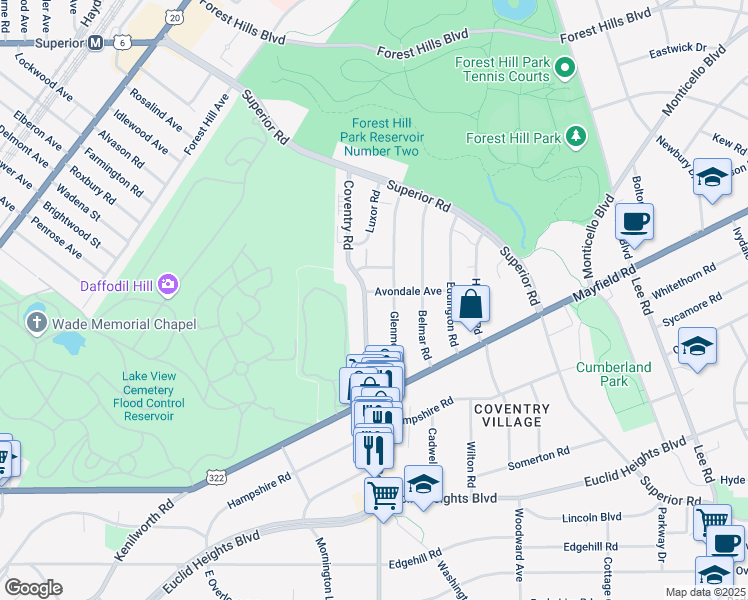 map of restaurants, bars, coffee shops, grocery stores, and more near 13992 Mont Avenue in East Cleveland