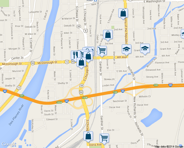 map of restaurants, bars, coffee shops, grocery stores, and more near 418 South Eastern Avenue in Joliet