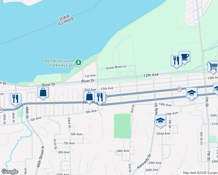 map of restaurants, bars, coffee shops, grocery stores, and more near 149 15th Avenue in East Moline