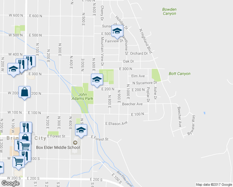map of restaurants, bars, coffee shops, grocery stores, and more near 185 North 900 East in Brigham City