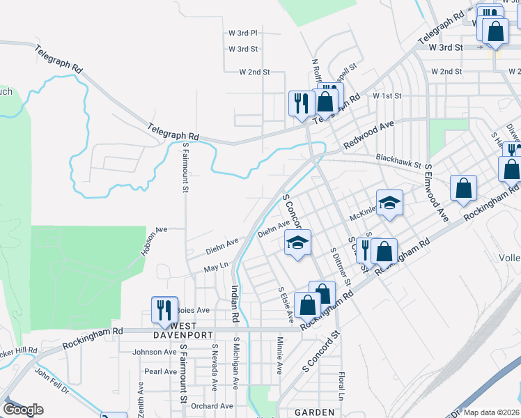 map of restaurants, bars, coffee shops, grocery stores, and more near 3128 Indian Road in Davenport