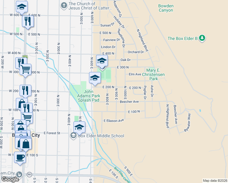 map of restaurants, bars, coffee shops, grocery stores, and more near 185 North 900 East in Brigham City