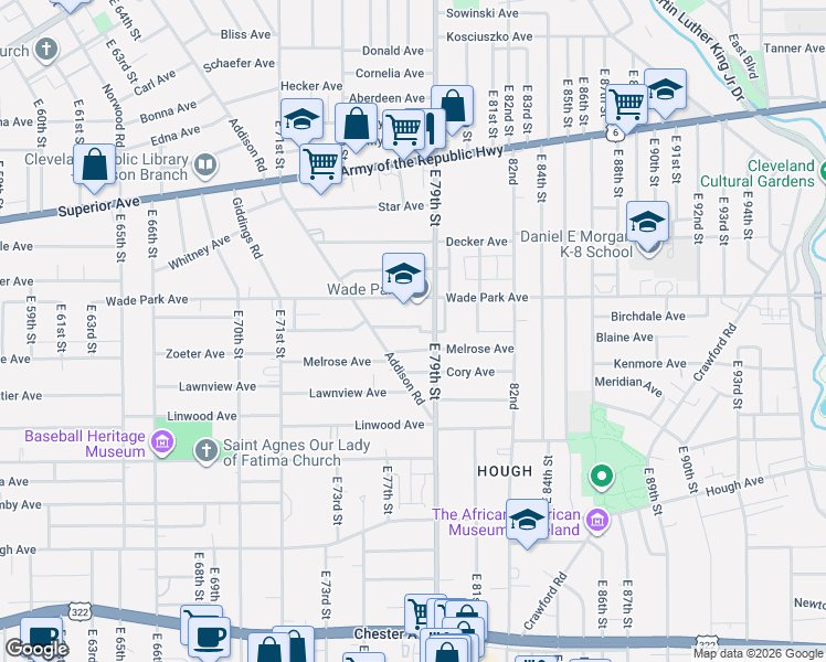 map of restaurants, bars, coffee shops, grocery stores, and more near 7600 Wade Park Avenue in Cleveland