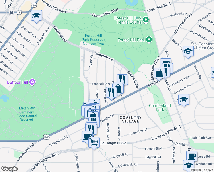 map of restaurants, bars, coffee shops, grocery stores, and more near 2863 Avondale Avenue in Cleveland Heights