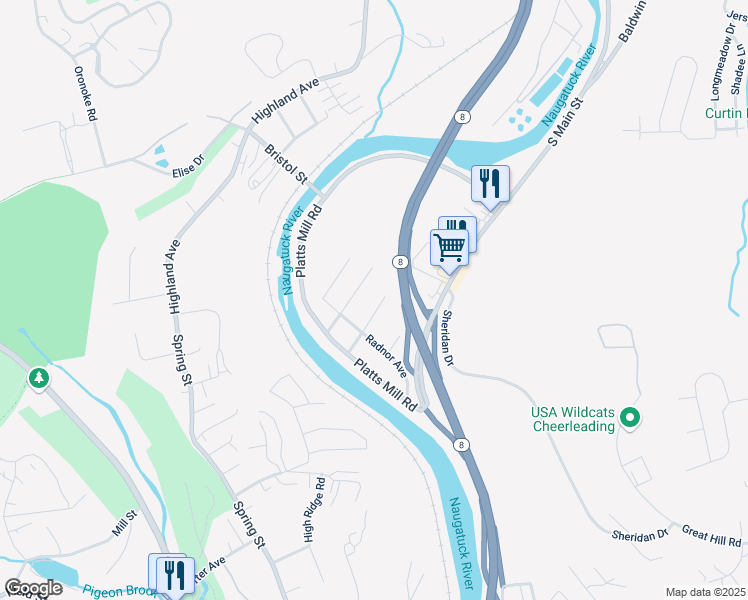 map of restaurants, bars, coffee shops, grocery stores, and more near 102 Sande Avenue in Waterbury