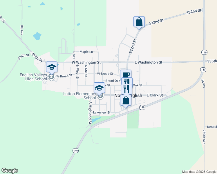 map of restaurants, bars, coffee shops, grocery stores, and more near 156 West Oak Street in North English