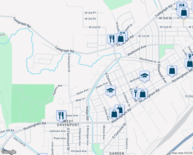 map of restaurants, bars, coffee shops, grocery stores, and more near 3030 Indian Road in Davenport