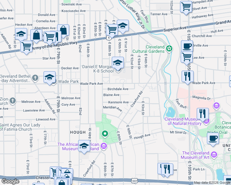 map of restaurants, bars, coffee shops, grocery stores, and more near 8900 Wade Park Avenue in Cleveland