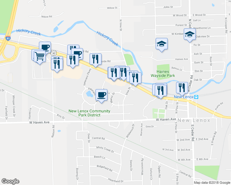 map of restaurants, bars, coffee shops, grocery stores, and more near 226 Manor Drive in New Lenox