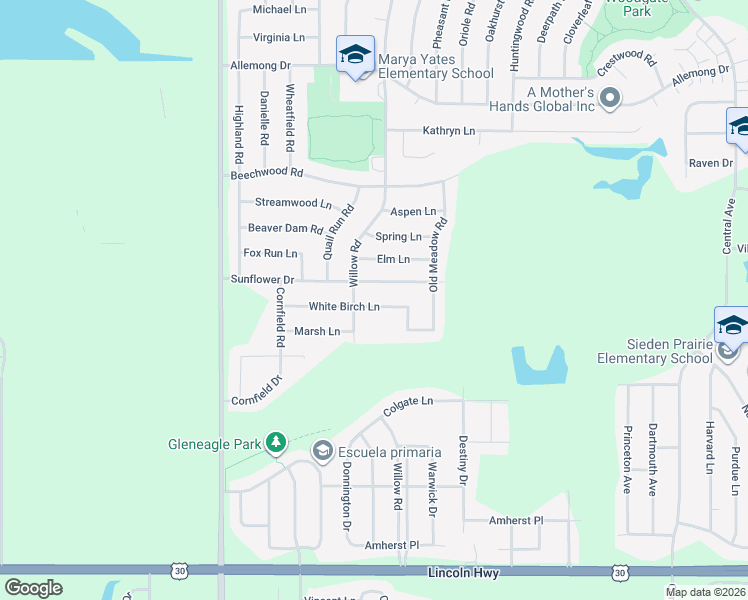 map of restaurants, bars, coffee shops, grocery stores, and more near 6118 White Birch Lane in Matteson