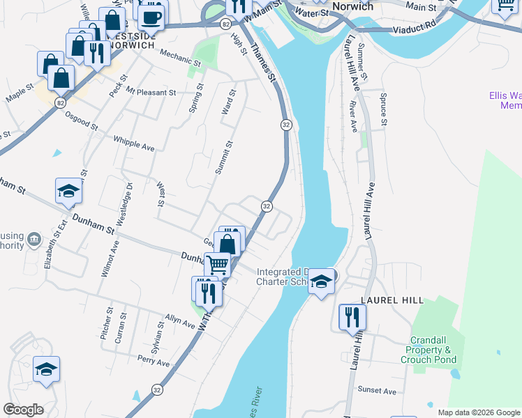 map of restaurants, bars, coffee shops, grocery stores, and more near 91 West Thames Street in Norwich