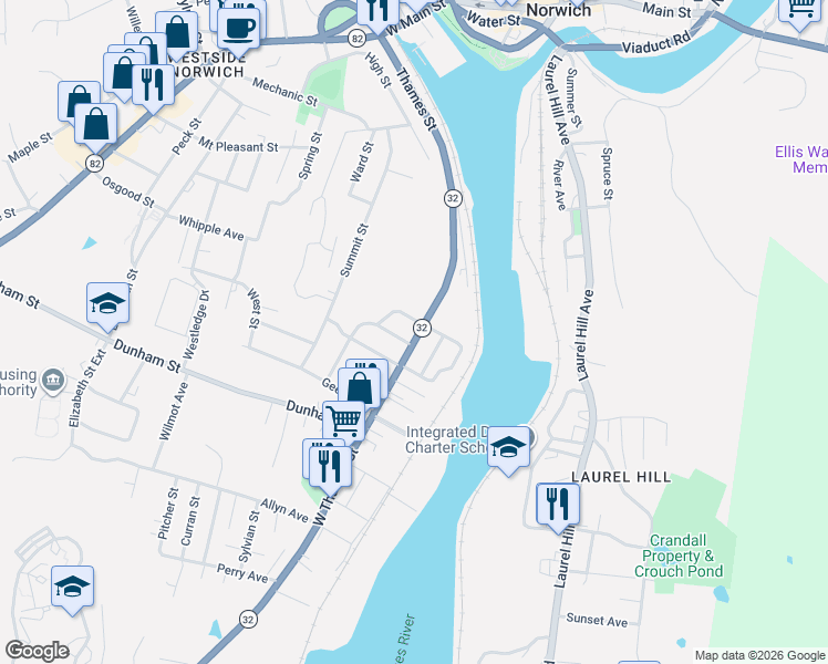 map of restaurants, bars, coffee shops, grocery stores, and more near 91 West Thames Street in Norwich