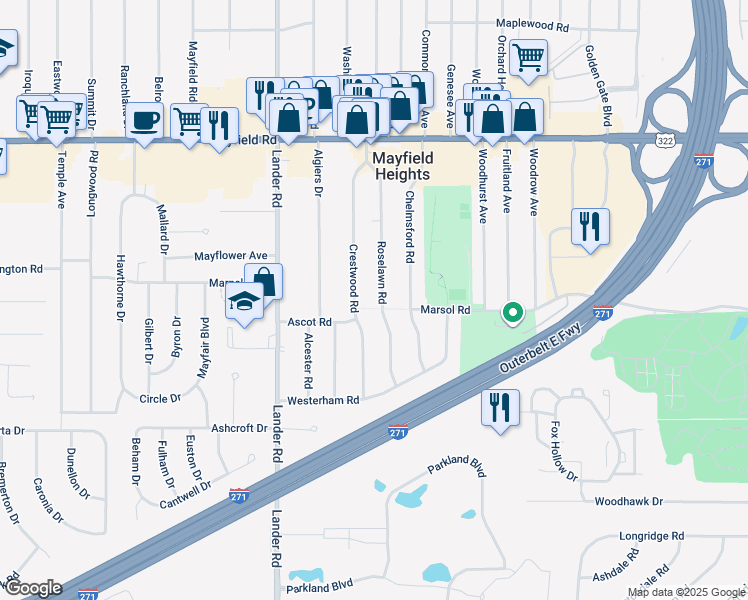 map of restaurants, bars, coffee shops, grocery stores, and more near 1648 Roselawn Road in Mayfield Heights
