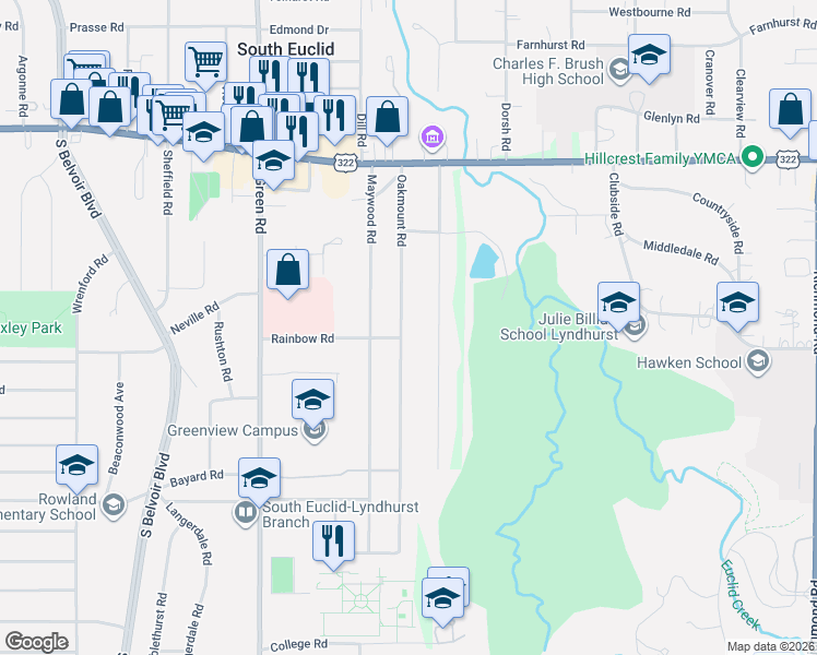 map of restaurants, bars, coffee shops, grocery stores, and more near 1648 Sheridan Road in South Euclid