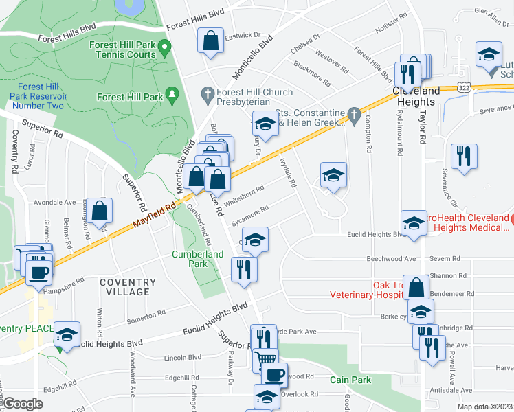 map of restaurants, bars, coffee shops, grocery stores, and more near 3186 Whitethorn Road in Cleveland Heights