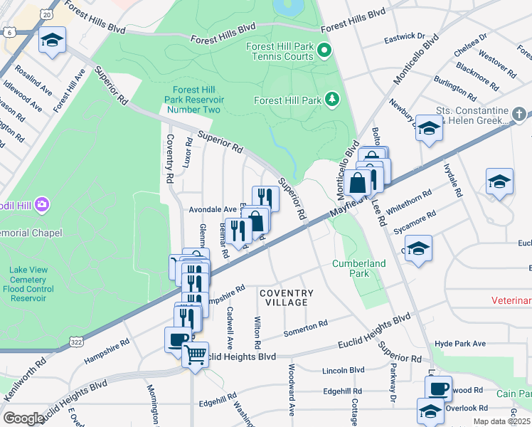 map of restaurants, bars, coffee shops, grocery stores, and more near 1612 Hillcrest Road in Cleveland Heights