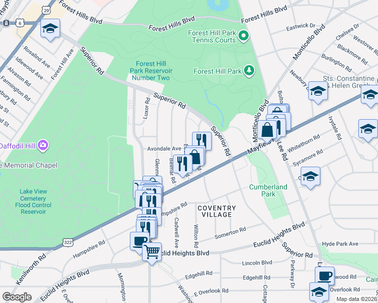 map of restaurants, bars, coffee shops, grocery stores, and more near 1612 Hillcrest Road in Cleveland Heights