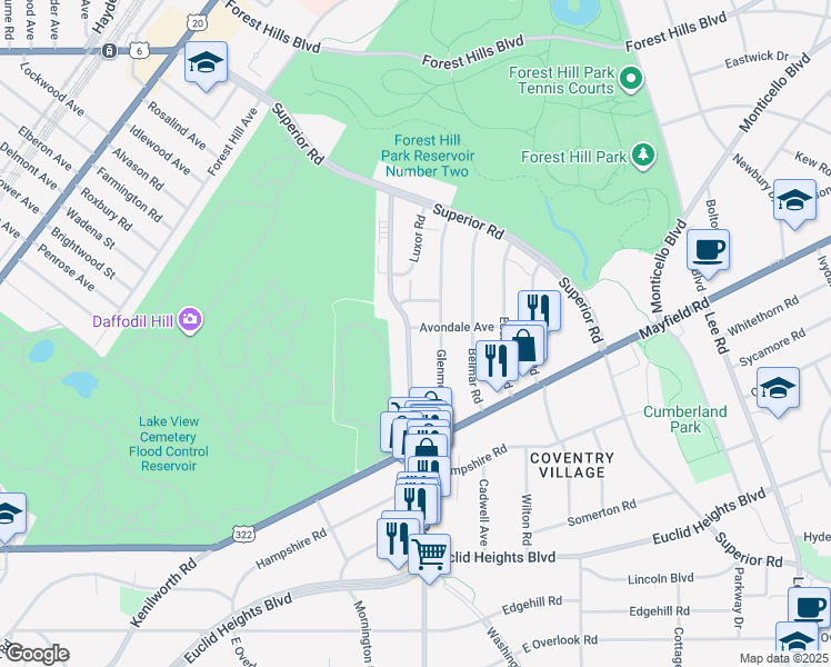 map of restaurants, bars, coffee shops, grocery stores, and more near 13992 Mont Avenue in East Cleveland