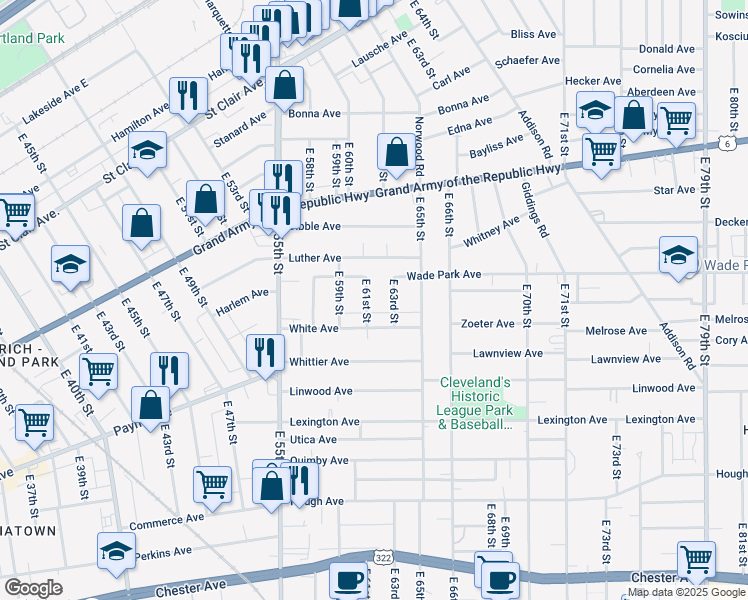 map of restaurants, bars, coffee shops, grocery stores, and more near 1407 East 61st Street in Cleveland