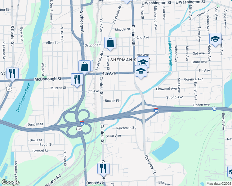 map of restaurants, bars, coffee shops, grocery stores, and more near 421 Sherman Street in Joliet